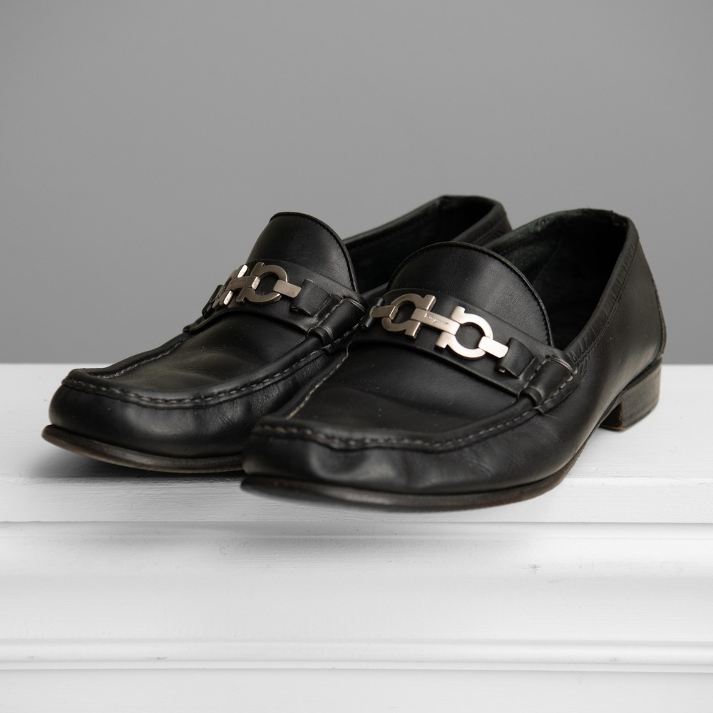 Salvatore Ferragamo Mens Loafers Sz8.5 Black Leather Gancini Bit Italy Old Money